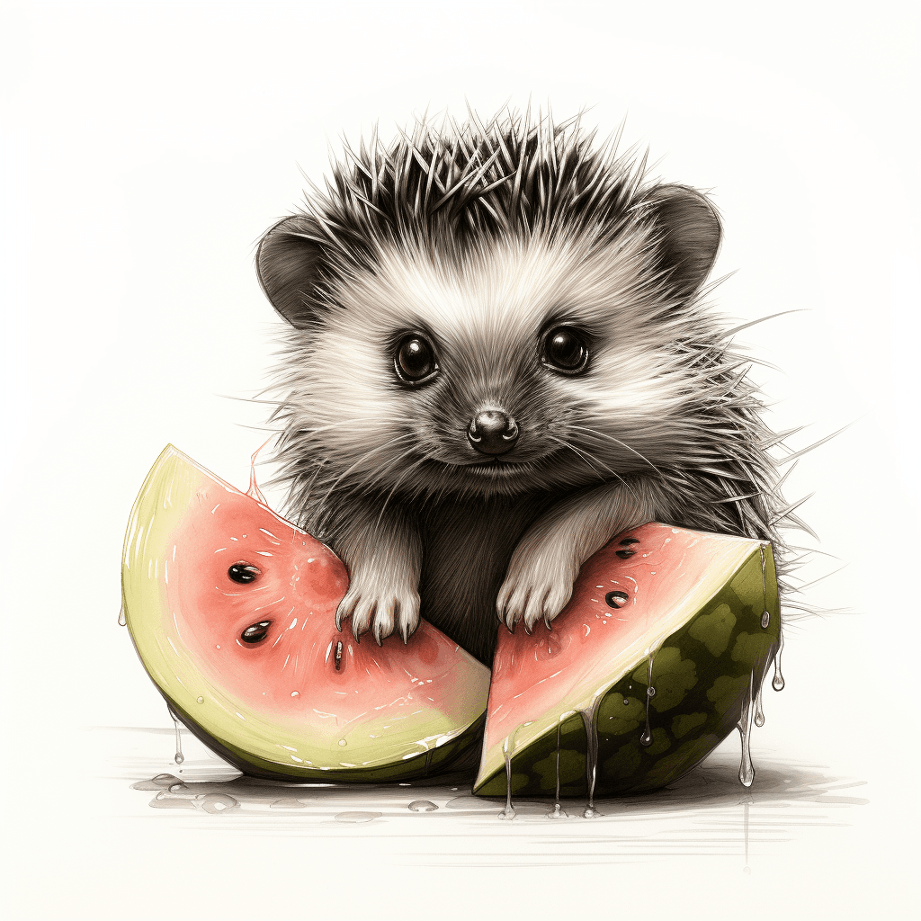 Midjourney 5.2 prompt: An ink sketch style illustration of a small hedgehog holding a piece of watermelon with its tiny paws, taking little bites with its eyes closed in delight --s 750 --style raw