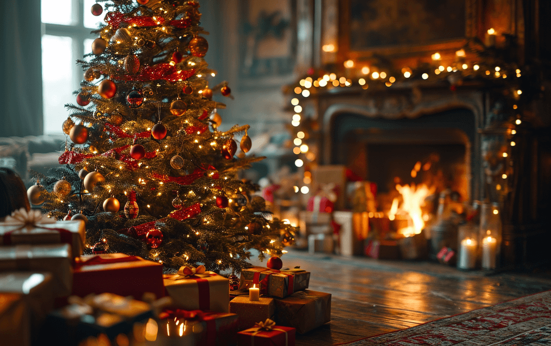 a christmas tree decorated with gifts in front of fireplace
